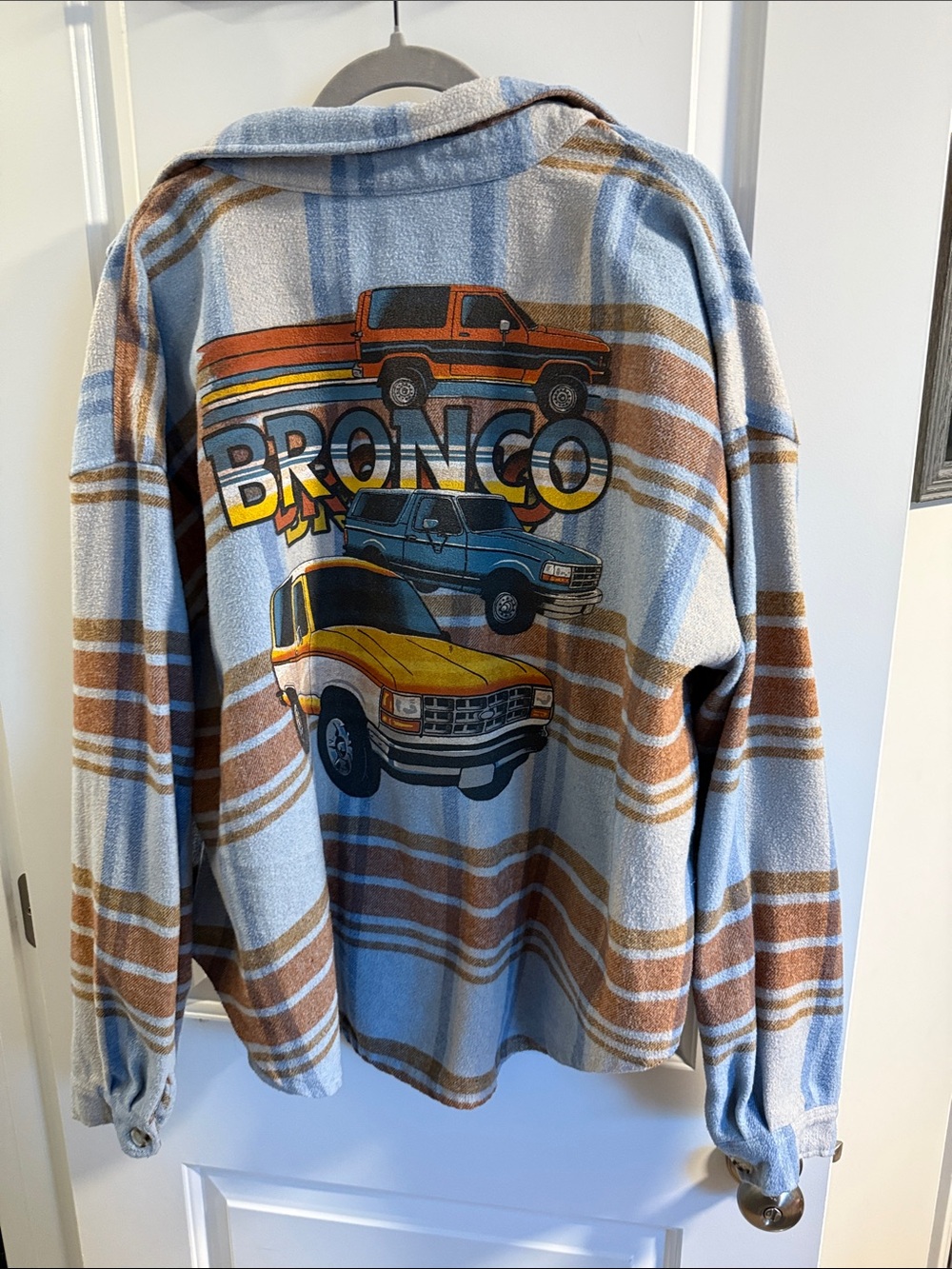 Official Ford Branded Striped Bronco Graphic Shirt Jacket - Light Blue & Brown